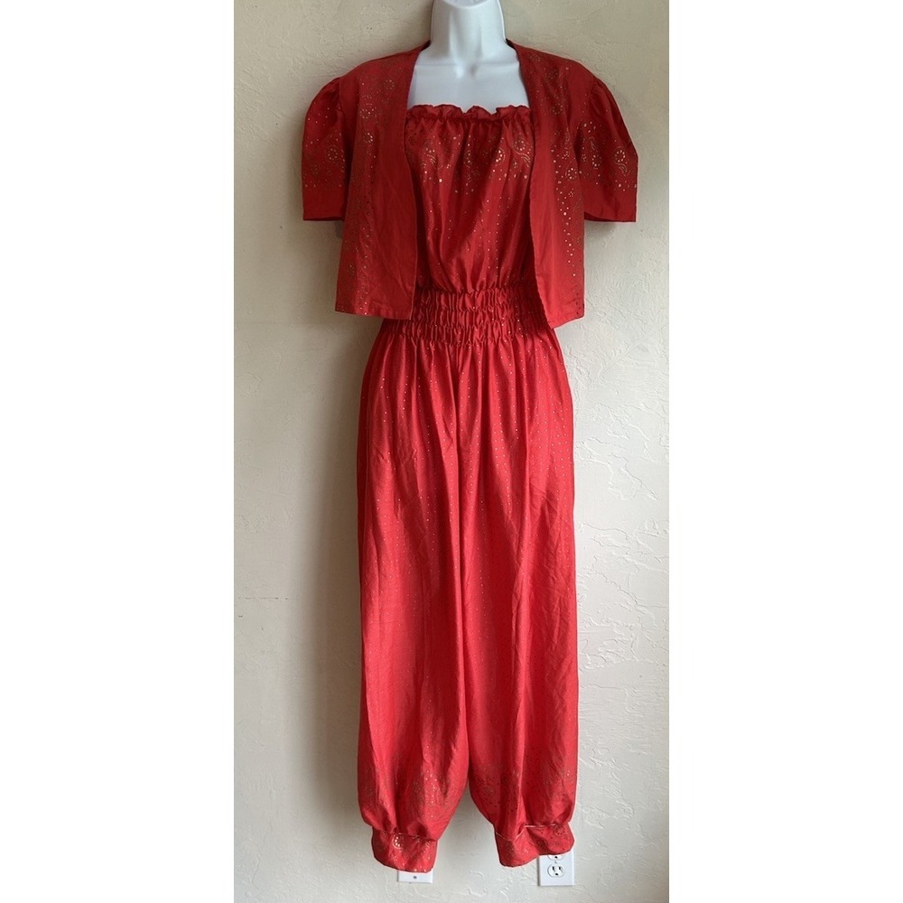 Vintage 1970s Strapless Jumpsuit Duster Set L Red Gold Harem Balloon Boho Disco